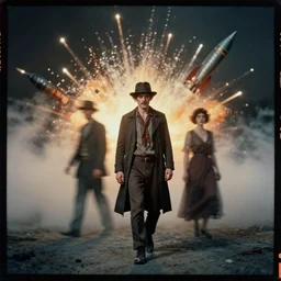 kodak portra 4 0 0, wetplate, muted colours, the walking dead, 1 9 1 0 s style, motion blur, portrait photo of a backdrop, explosions, rockets, bombs, sparkling, fog, by georges melies and by britt marling