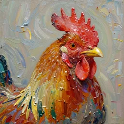 oil paint impasto relief, beautiful cockerel head view, multi layered thick brush marks, some splattered paint, in the style of ivan shishkin and frank auerbach and van gogh