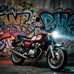 grainy album cover of a yamaha xv 9 5 0 / r in front of a graffiti wall, dual tone lighting, bright headlights, chromatic aberration, atmospheric