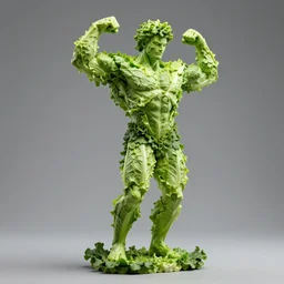 sculpture of a bodybuilder made entirely from fresh lettuce, by antoni gaudi, studio lighting, 8 k, high quality, professional photography