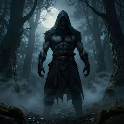 terrifying picture of a muscular, hooded gravedigger standing ominously in a haunted woods, digital art, mist, moonlit