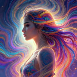 distant side profile portrait, maya ali as a wind sorceress, d & d, gloomhaven, soft luminescent glow, art nouveau, beautifully backlit, ripples, swirly vibrant color lines, fantastically gaudy, aesthetic octane render, 8 k hd resolution, by picasso, ilya kuvshinov, cushart krentz, gilleard james