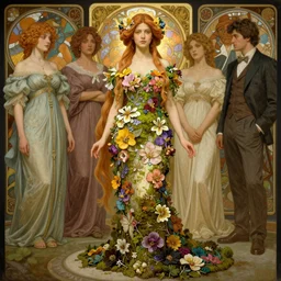 sargent and leyendecker and greg hildebrandt highly detailed portrait of a woman with long hair, wearing a gown made of flowers and moss, stephen bliss, unreal engine, by greg rutkowski, loish, ferdinand knab, ilya kuvshinov, rossdraws, tom bagshaw, alphonse mucha, global illumination, radiant light, detailed and intricate environment