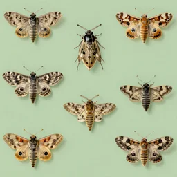 wallpaper depicting six-spot burnet moths of different sizes over a soft green background, botanical drawing by Maria Sybilla Merian