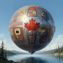 a giant ((((metallic)))) floating sphere covered in canadian colorful aboriginal patterns!! hovering above a Yukon lake, (painted by Ralph McQuarrie), matte painting, very detailed, concept art