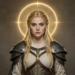 Elisha Cuthbert as a Elden Ring warrior masterpiece, symmetrical portrait, golden halo behind her head, art nouveau, by Edgar Maxence and Ross Tran, distaw Beksinski, and Michael Whelan, distant, gustav dore, H.R. Giger, 8k, octane render