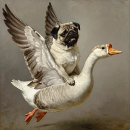 happy pug on the back of a flying goose, detailed oil painting by durer