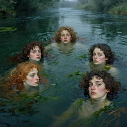 hyperrealist portrait in a river, floating, dark green water, algae, by alphonse mucha and lucian freud and bouguereau, fog twilight lighting, very detailed faces