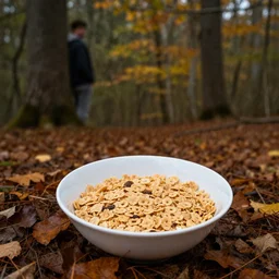 a distant photo of a bowl of cereal on a forest floor in autumn while a shadowy man hides behind a tree