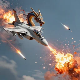 f - 2 2 fighter jet fighting a fire - dragon, exploding missiles, magic realism, artstation