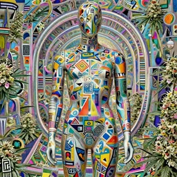 a beautiful mannequin covered with multicolor 3 d geometrical print by james jean + a portal to a new world + flowering marijuana plants, transcendent, vibrant color, clean linework, finely detailed, 4 k, trending on artstation, photorealistic, volumetric lighting, octane render
