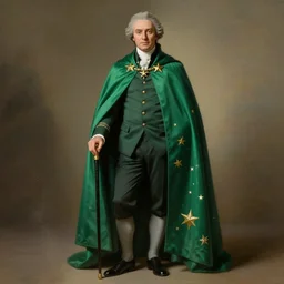 chaplain with an emerald cape, stars, sincere, modern maximalist suit, is ( ( holding a cane ) ). light dust, magnificent, hyperdetailed, theatrical, painted by jean honore fragonard and greg rutkowski and craig mullins