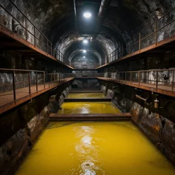 photo of an underground waste facility, dark gloomy lighting, catwalks, yellow pools of sludge, rust