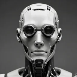 a black and white high quality photo of a male cyborg bust with square jaw and telescopes for eyes, highly detailed, symmetry, cinematic concept art, by wlop, tooth wu, greg rutkowski, alena aenami