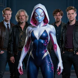 a portrait photograph of spider gwen as a mutated reptilian super villian with slimy amphibian blue skin. she is wearing a living organic suit with tendrils and slime. by donato giancola, hans holbein, walton ford, gaston bussiere, peter mohrbacher and brian froud. 8 k, cgsociety, fashion editorial