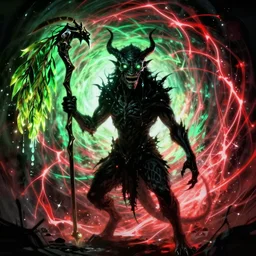a shadow eldritch cryptid monster with glowing eyes and wide grind, which wields dark fey magic and a weeping willow branch for a shepherd's crook. viridian and vermillion leyline magic swirls in an electrical vortex behind it