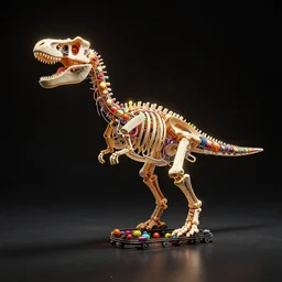 Simple bionic exploded drawing dinosaur skeleton sculpture architecture made from rollercoaster, with colorfull jellybeans organs, cables, wires and tubes, by angus mckie, by rhads, in a dark empty black studio hollow, c4d, at night, rimlight, rimight, rimlight