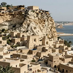 assyrian mediterranean city on chalk cliff, highly detailed, digital painting, artstation, concept art, sharp focus, illustration, rutkowski, raphael lacoste, magali villeneuve
