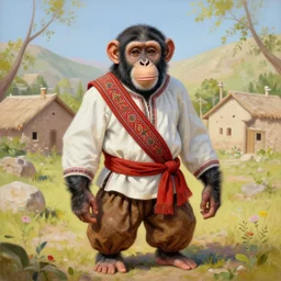 beautiful painting by sophie anderson of a chimpanzee wearing traditional men kurdish clothes baggy pants and white shirt with a large sash tied around the waist in a kurdish village, award winning art, insanely detailed, bright colors, global illumination, cute, young, stunning