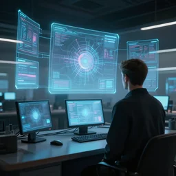 futuristic computers in a room with holograms of screens, figure facing towards it, futuristic, concept art, matte painting, digital art, high detail, trending on art station, style of jordan grimmer