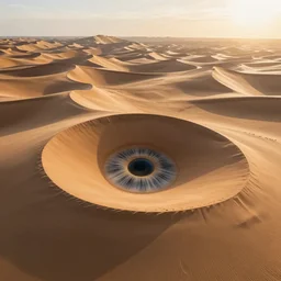wide!!! landscape photo of sand dunes that look like a pupil!! and iris!!!, high detail, drone photo, golden hour, medium format