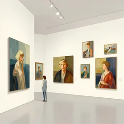 illustration of modern art gallery, where there is a lot of painting displayed from various artist, very fashion, octane render,  displayed on the walls, by Victo Ngai and James Gilleard and Bruce Pennington