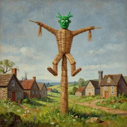 a folk horror town painting wicker man maypoles greenman