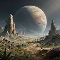 alien planet bizare landscapes matte painting, digital photobashing art detailed 4 k 8 k artstation 3 d render.