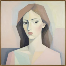 A abstract painting in the style of Sophie Taeuber-Arp and Gary Hume and Tatsuro Kiuchi, flat colour-block style, geometric abstraction, portrait of beautiful woman, modern pastel colours