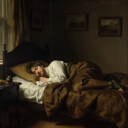 sleeping, dark cinematic light, furnished retro style room, by john everett millais