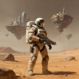 space soldier on mars with a gun, space city with floating islands in the background, with surrounding floating islands, a highly detailed, digital painting, artstation, concept art, matte, sharp focus, illustration, art by artgerm and greg rutkowski