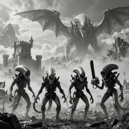 4 prometheus movie monsters, 6 xenomorphs, highly detailed background, black and white, unkown city, haze, landscape, 3 castles, 4 k, photograph, tentacles, chainsaw, wings, leviathan, distant mountains, clouds melting