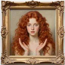a painting of a girl with red curly long hair, on a baroque frame, her hands are in front of her face in praying motion, a tear slides down her left cheek while she looks at the viewer