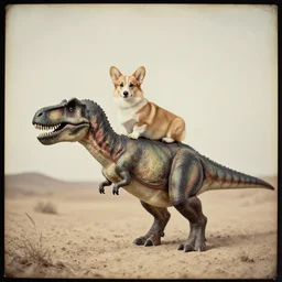 long shot of a corgi riding a t-rex in the desert, daguerrotype