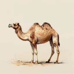 outline side on sketch of a whole camel from a distance, professional artist