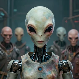 friendly humanoid robot, portrait bust, symmetry, faded colors, exotic alien features, cypherpunk background, tim hildebrandt, wayne barlowe, bruce pennington, donato giancola, larry elmore, masterpiece, trending on artstation, featured on pixiv, cinematic composition, beautiful lighting, sharp, details, hyper detailed, 8 k, unreal engine 5