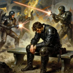 an intense battle rages behind an android soldier sitting on a bench, laser blasts, dramatic, he is sad, hunched shoulders, detailed concept art by caravaggio and greg rutkowski and alphonse mucha and norman rockwell
