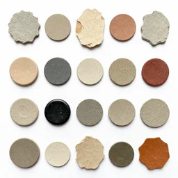 roughly circular shapes of different colours and materials laid out in a regular pattern