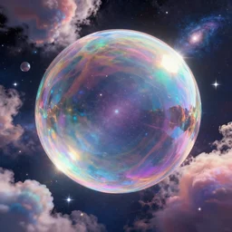 massive glassy iridescent bubbles in space full of colorful clouds, stars and galaxies, volumetric light