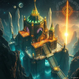utopian civilization, highly detailed crystal temples and gemstone relics, gold relics, digital painting, hard edges, artstation, futuristic poster scifi, lasers and neon circuits, sharp focus, illustration, 8 k, highly detailed, aerial view