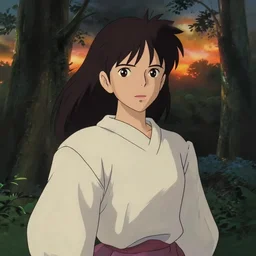 portrait of woman, forest background, cloth, princess mononoke, 4 k, greg rutkowski, high detail, dramatic lighting, sunset, hayao miyazaki, masashi ando, nizou yamamoto, kazuo oga, joe hisaishi, yoji takeshige, naoya tanaka