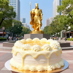 color digital photo of a birthday cake with thick goopy frosting, in front of a golden statue of oda nobunaga on a pedestal in a public square.