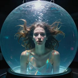 portrait of a woman with flowing hair under water in a neutrino detector dome sphere, bubbles, caustics, prism, atmospheric, ambient, pj crook, syd mead, livia prima, artgerm, greg rutkowski, nick alm, casey baugh
