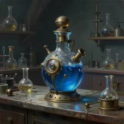 a painting of a blue steampunk potion bottle in on a counter in a dark dusty vintage science lab, by h. r. giger, hyperrealistic fantasy art, concept matte, ethereal, dreamy, digital art, trending on artstation, volumetric cinematic lighting