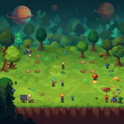 a small colony on a strange alien planet with an alien forest in background, from a space themed point and click 2D graphic adventure game, made in 2019, high quality graphics