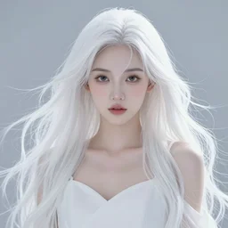 stunningly beautiful goddess, porcelain skin, long white hair, symmetrical, overwhelming, innocent, etheral, live 2 d anime style, 8 k
