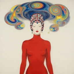 woman character wearing a red bodysuit, acid hallucinations floating around their head, by moebius, alexander mcqueen headdress with beads, by kawase hasu