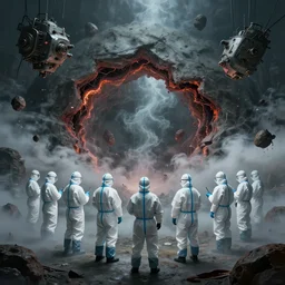 wide - shot photo of a group of scientists in hazmat suits, studying a hell open rift portal, by shaun tan, codachrome, hellish, unsettling, otherworldly, smoke, machines, floating rocks, megalophobia, 8 k, hd, highly detailed,