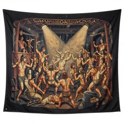 ancient tapestry of an absolutely chaotic nightclub scene