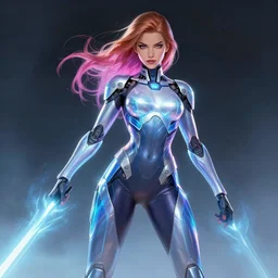 extremely attractive superhero female character with the power of holographic warrfare, slender, curvy, high - tech futuristic holographic costume, laser, full view, cool pose, artwork by artgerm and kenneth rocafort, featured on artstation, cgsociety, detailed, award winning comic book cover character digital masterpiece, behance
